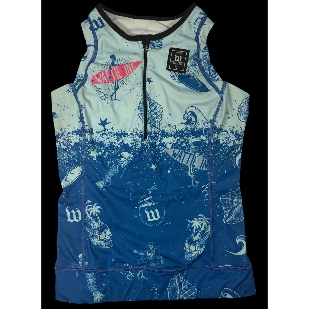 Wattie Ink Womens Triathlon Tri Top Sleeveless 1/4 Zip Nautical Made USA Medium